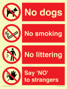 Playground Sign - No dogs, No smoking, No littering, Say 'NO' to strangers